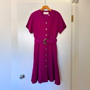 Vintage 40s-style Rose Silk Belted Midi Dress with Fluted Skirt